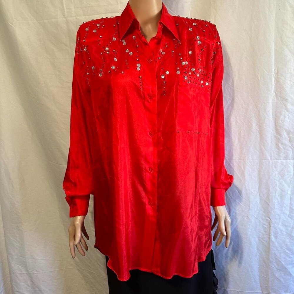 Vintage red silk beaded bling blouse, button down, Adam Douglass, 100% silk sz L